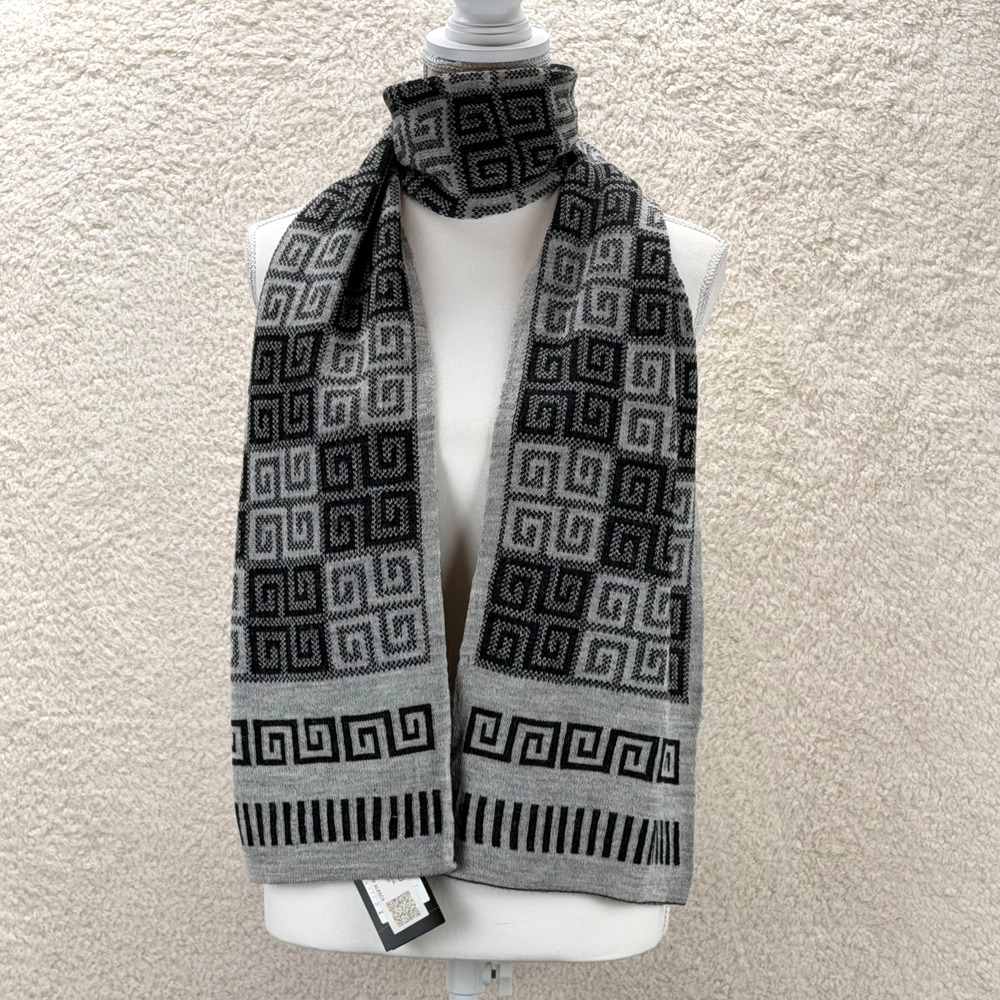 Inka's Fiber Open Scarf 100% Baby Alpaca 73"x9.5" Gray Black Greek Pattern Peru